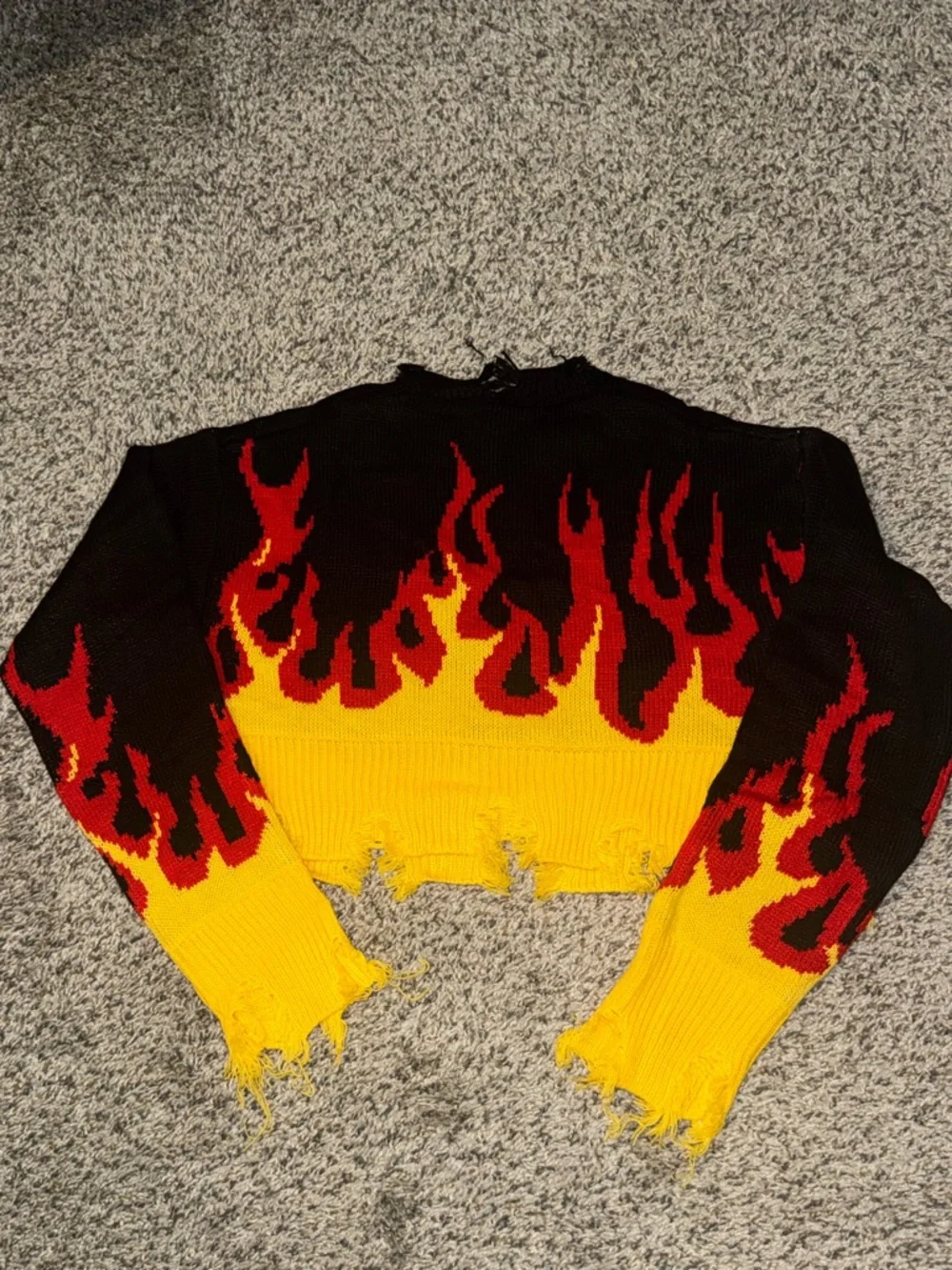 Distressed Flame-Print Cropped Sweater in Black, Red & Yellow - Picture 2 of 2